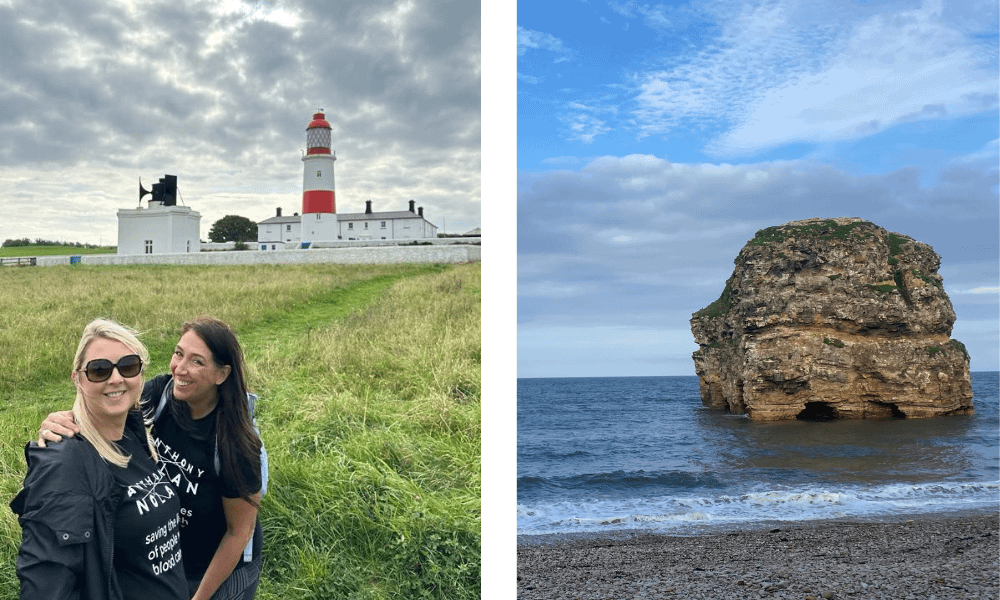 An image of Sarah and Jan in front of Souter Lighthouse and an image of Marsden Rock