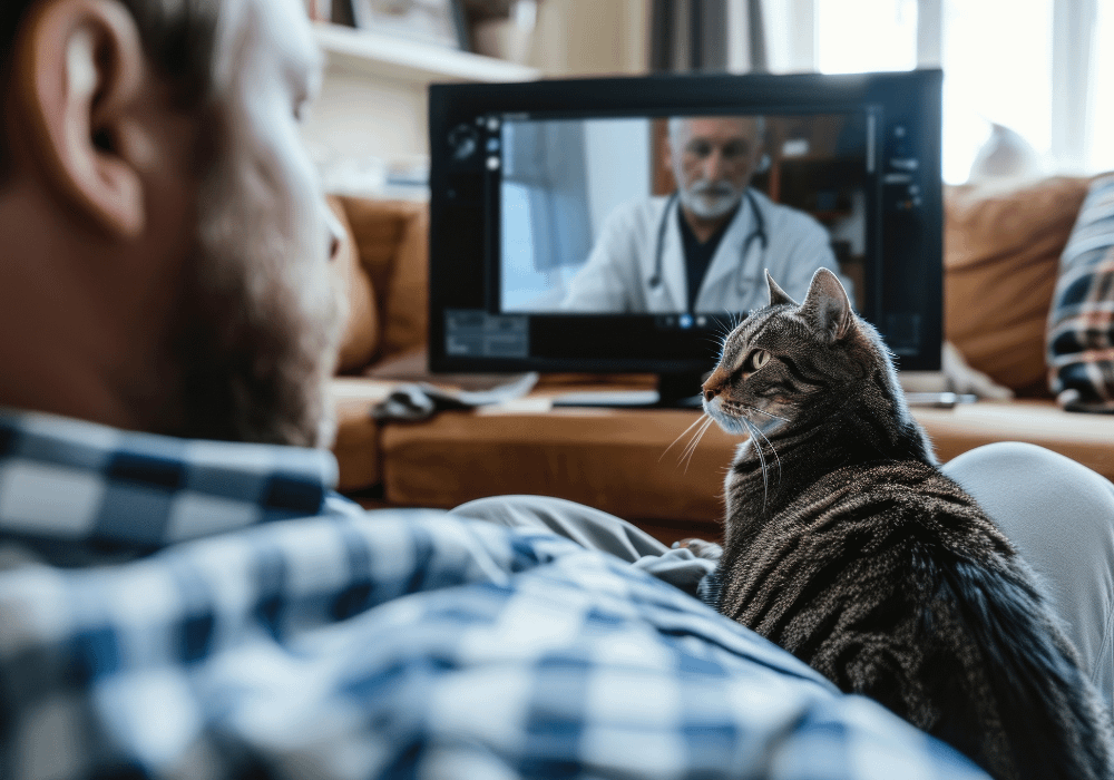 Man with his cat talking to a vet on a video call