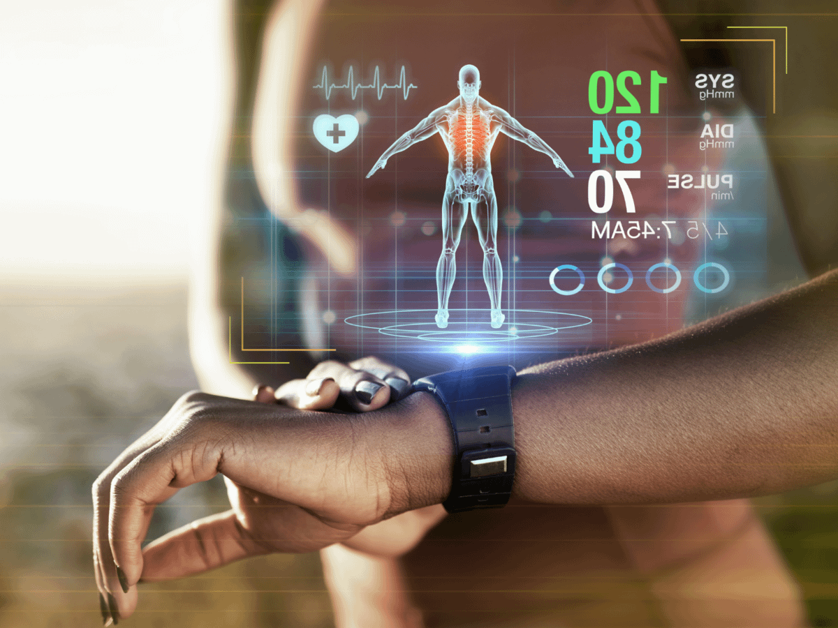 Woman wearing a fitness watch with a graphic of the health data