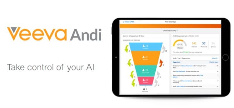 Veeva Andi logo with a tablet showing the data after using the AI system