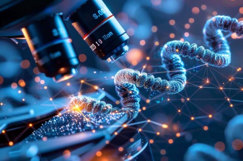 A microscope with AI images of DNA