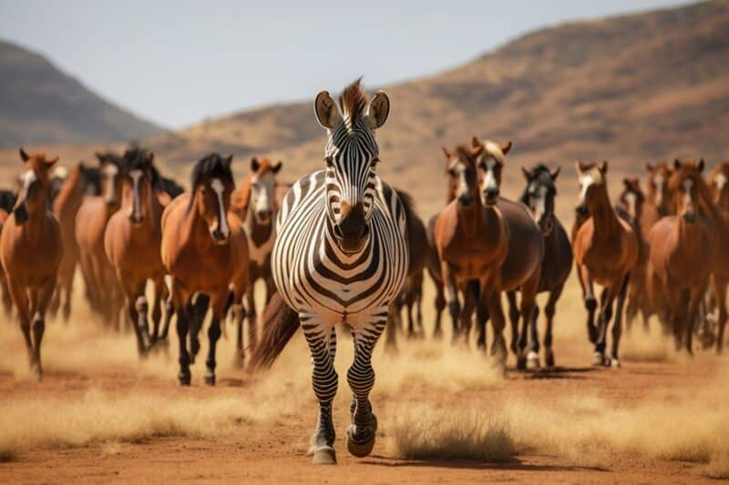 A zebra running with multiple horses running behind